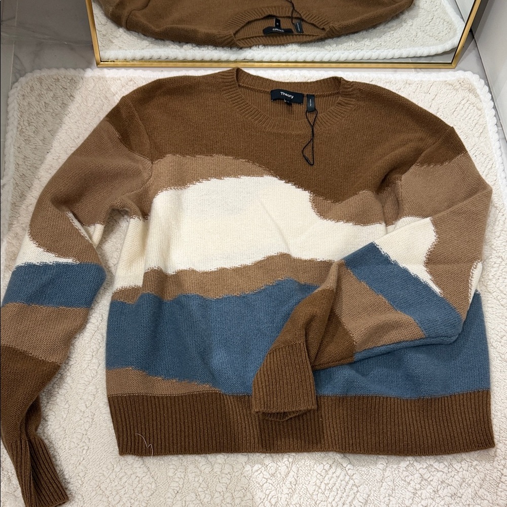 Theory Women's Brown, Cream, and Blue Crewneck Sweater